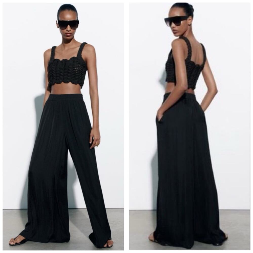 NWT Zara Black Pleated Front Wide Leg Trousers Size Large 9277/578